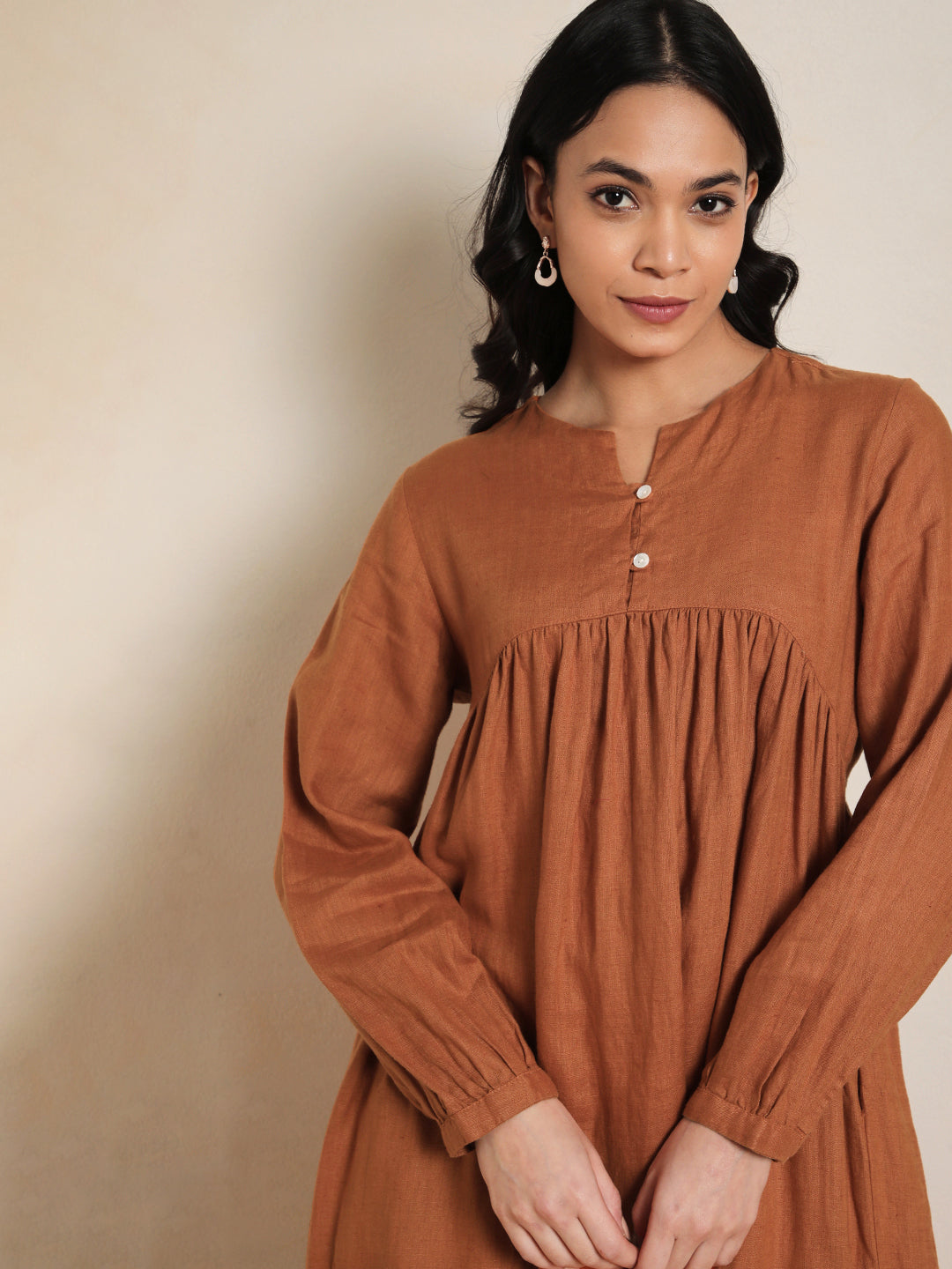 Eco Gather Linen Dress in Rust 100% Pure Linen | Minimal & Sustainable Fashion by Ecothread